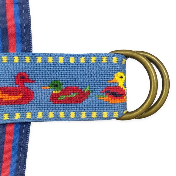 Vintage L.L. Bean Embroidered Duck Motif Ribbon Belt Blue Adjustable D-Ring - Picture 2 of 7